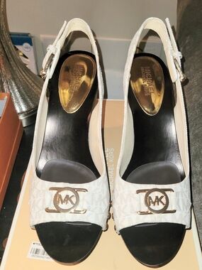 Michael Kors White & Black MK Logo Slingback Heels